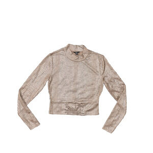 Guess Women's Size S Blouse Top Crop Long Sleeve Brown Striped Cotton Blend Crew